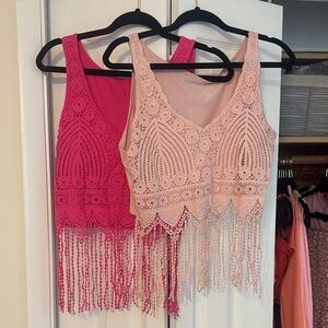 SHEIN Lace Fringe Tank Tops - Pink